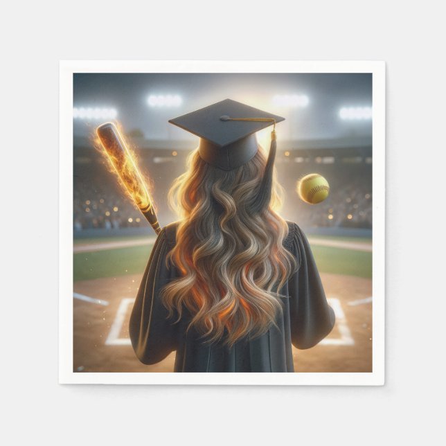 Girl Graduate With Flaming Bat and Softball Napkin (Front)