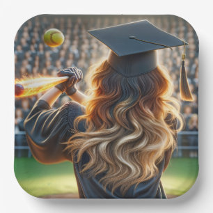 Girl Graduate With Flaming Bat and Softball Paper Plate
