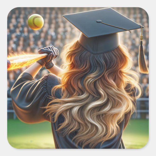 Girl Graduate With Flaming Bat and Softball Square Sticker (Front)