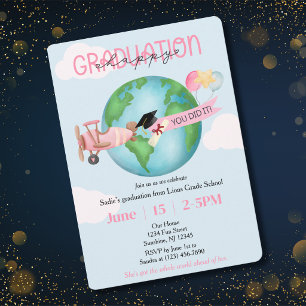 Girl Graduation Photo Globe Clouds Pink Airplane Invitation