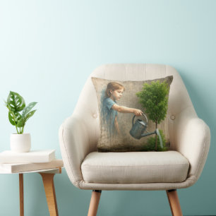 Girl Graffiti Watering a City Tree Throw Pillow