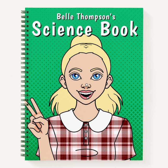 Girl Green Cartoon Name School Subject Notebook (Front)