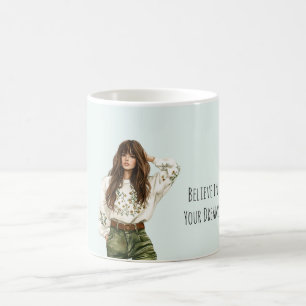Girl Green Jeans Brown Hair Bangs Coffee Mug