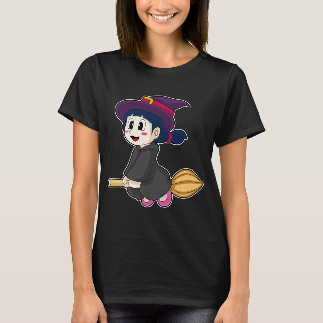 Girl Halloween Witch Broom T-Shirt (Front)