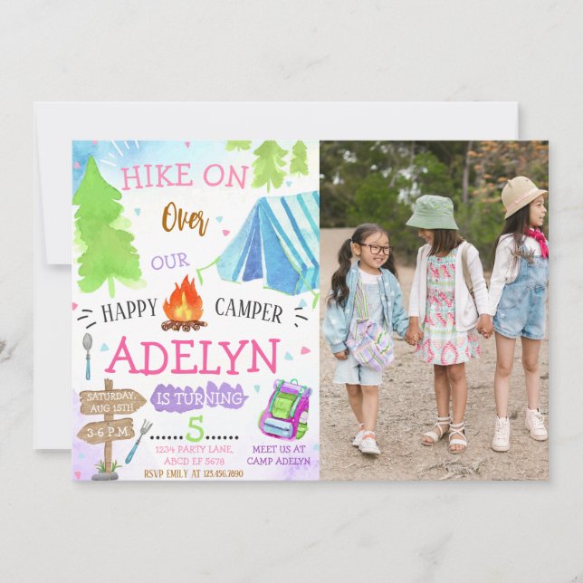 Girl Happy Camping Birthday Photo Invitation (Front)