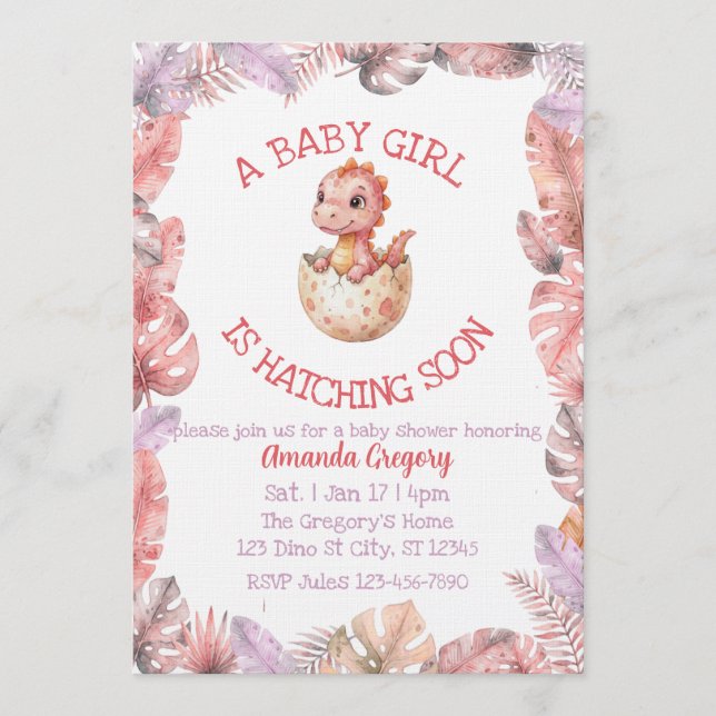 Girl Hatching Soon, Pink Dino Baby Shower Invitation (Front)