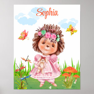 Girl Hedgehog In A Garden With Name Poster