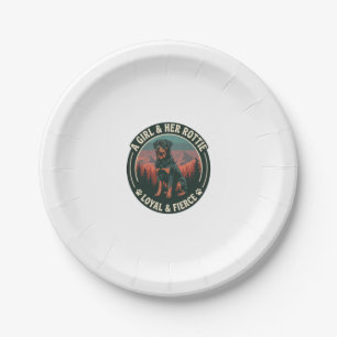 Girl Her Rottie Loyal Fierce Rottweiler Dog Mounta Paper Plate