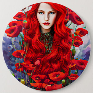 Girl Hiding In Poppy Flowers Field fantasy art  6 Inch Round Button