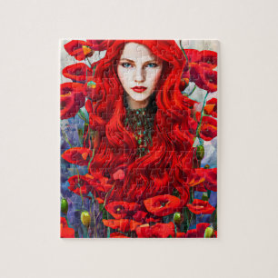 Girl Hiding In Poppy Flowers Field fantasy art Jigsaw Puzzle