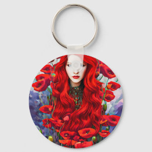 Girl Hiding In Poppy Flowers Field fantasy art  Keychain