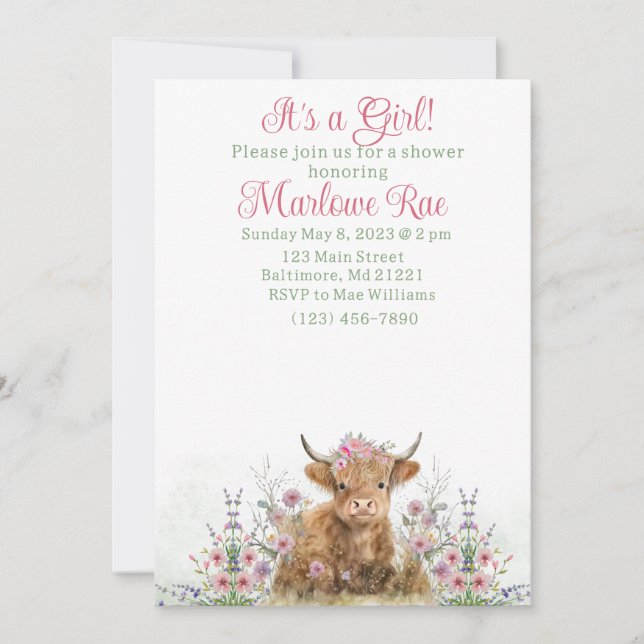 Girl Highland cow baby shower invitation  (Front)