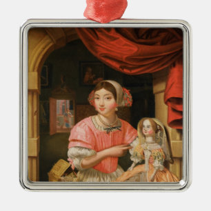 Girl holding a doll in an interior metal ornament