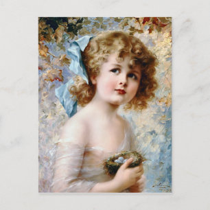 Girl holding a nest postcard