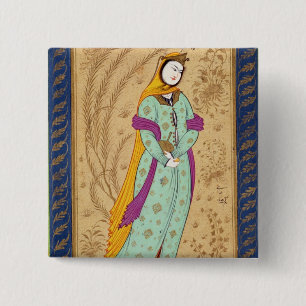 Girl holding a wine vessel and a pear, from the La 2 Inch Square Button
