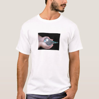 Girl holding baby budgie shirt
