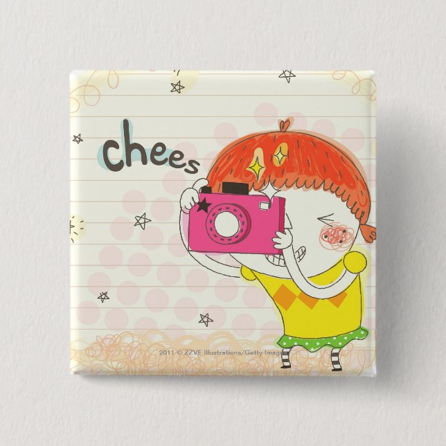 Girl holding camera, clicking 2 inch square button (Front)