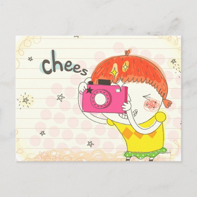 Girl holding camera, clicking postcard (Front)