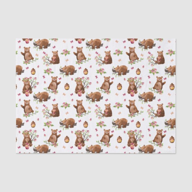 Girl Honey Bears Pattern - Pink Brown White Tissue Tissue Paper (Front)