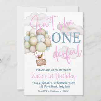 Girl Hot Air Balloon 1st Birthday Party Invitation