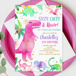 Girl Hot Pink Dinosaur Birthday Invitation