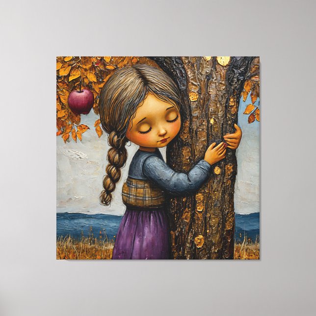 Girl hugging a apple tree canvas print (Front)