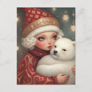 Girl Hugging a Polar Bear, Cute Fantasy Art Holiday Postcard