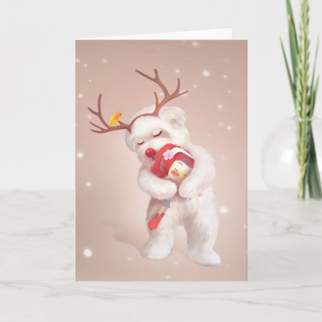 Girl Hugging Dog in Reindeer Antlers Card (Front)