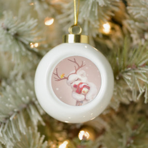 Girl Hugging Dog in Reindeer Antlers Ceramic Ball Christmas Ornament