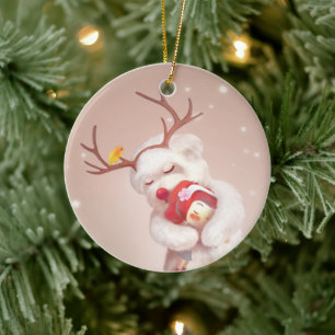 Girl Hugging Dog in Reindeer Antlers Ceramic Ornament