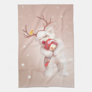 Girl Hugging Dog in Reindeer Antlers Kitchen Towel