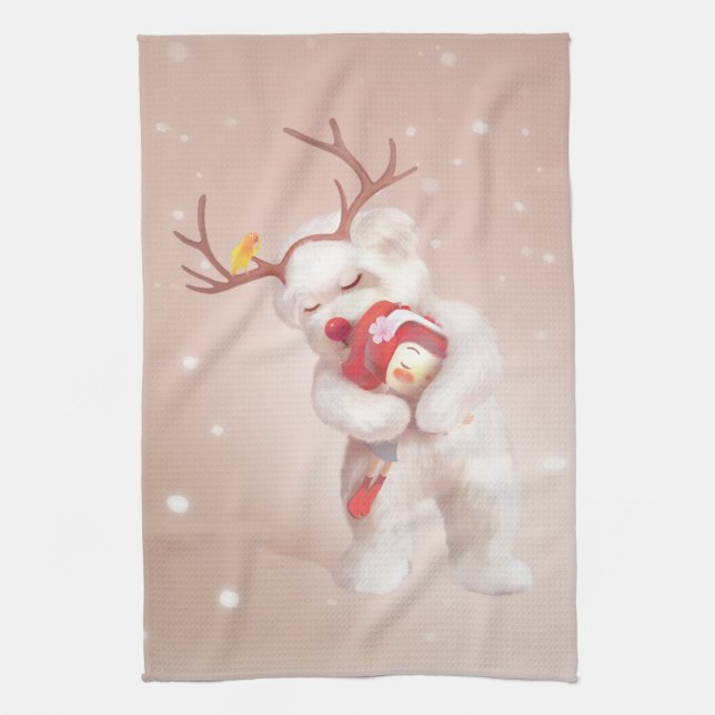 Girl Hugging Dog in Reindeer Antlers Kitchen Towel (Vertical)