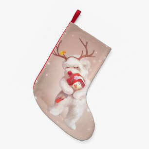 Girl Hugging Dog in Reindeer Antlers Small Christmas Stocking