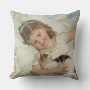 Girl Hugging Her Pet Cat Throw Pillow