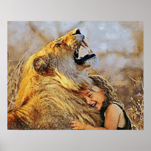 Girl hugging lion art wall for decorate. poster