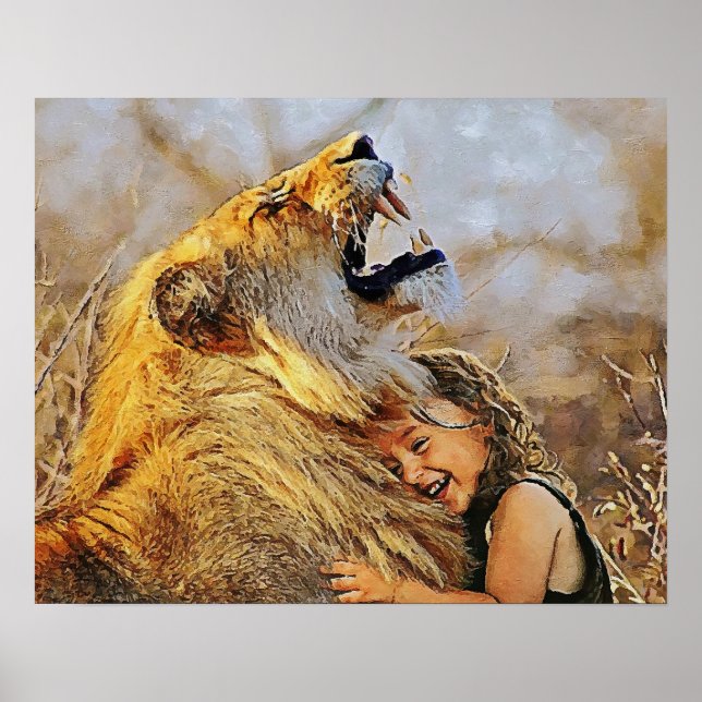 Girl hugging lion art wall for decorate. poster (Front)