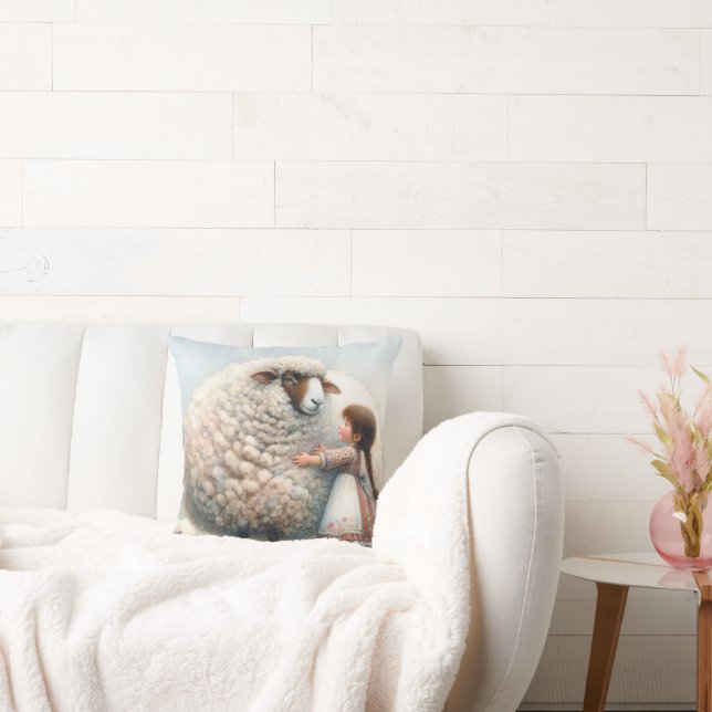 Girl Hugging Oversized Ewe Throw Pillow (Couch)