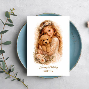 Girl Hugging Poodle Puppy Card