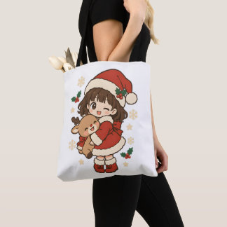Girl Hugging Reindeer - Cute Holiday Tote Bag