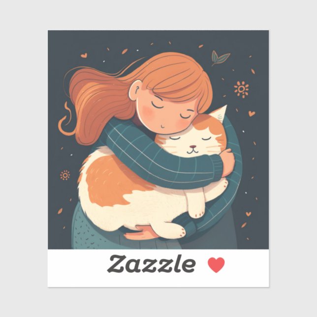 Girl hugs cute cat cartoon. Kid and funny animal  (Sheet)