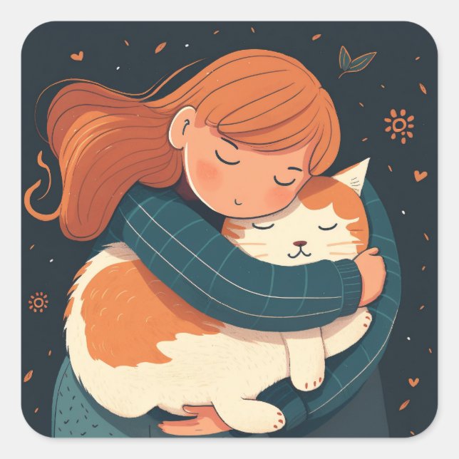 Girl hugs cute cat cartoon. Kid and funny animal  Square Sticker (Front)