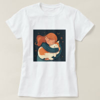 Girl hugs cute cat cartoon. Kid and funny animal