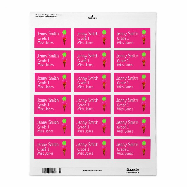 Girl ice-cream name school book labels (Full Sheet)
