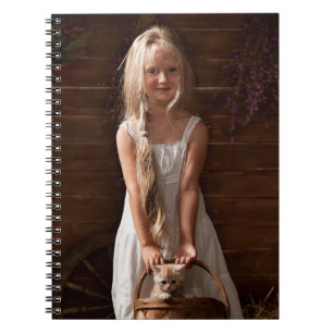 Girl in a Barn with a Kitten in a Basket Notebook