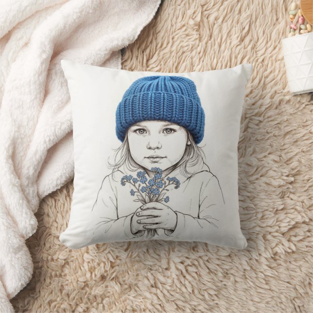 Girl In a Blue Knit Hat Throw Pillow (Blanket)