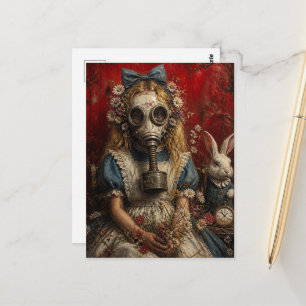 Girl in a Gas Mask With White Rabbit Postcard