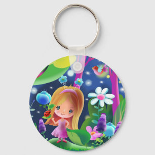 girl in a magical forest with flowers and a bird keychain