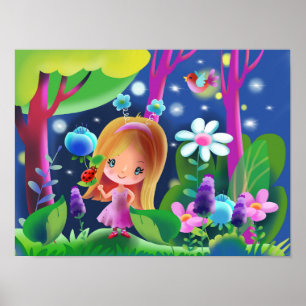 girl in a magical forest with flowers and a bird poster