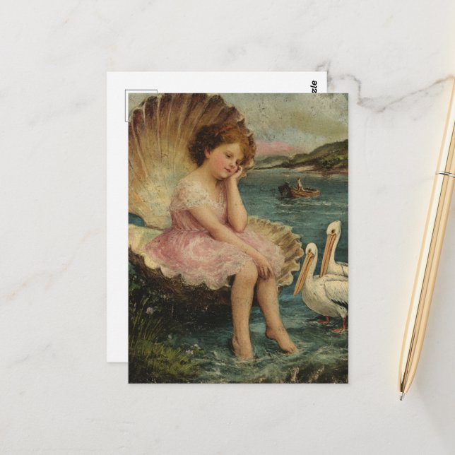 Girl in a Seashell and Pelicans Postcard (Front/Back In Situ)
