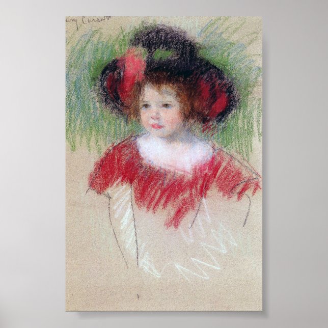Girl in Big Bonnett and Red Dress, Mary Cassatt Poster (Front)